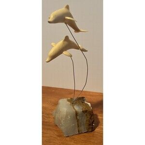 Marvin Wernick Kinetic 2 Dolphins on Wire Statue 1974 Quartz Marble Base Vintage
